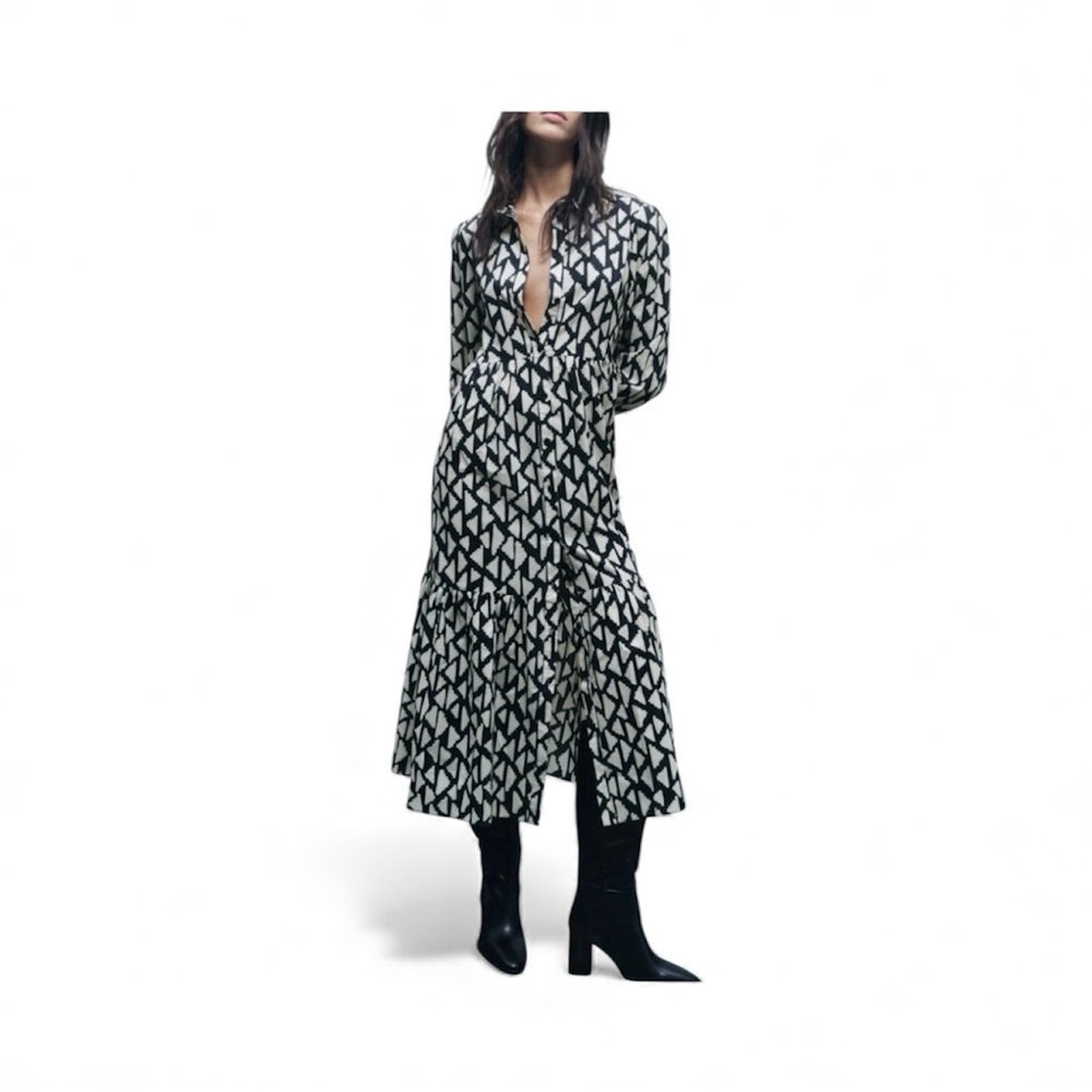 Zara Black and White Patterned Long Sleeve Dress